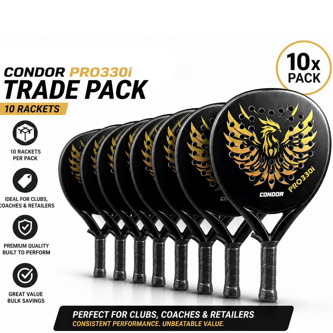 Pack of 10 Black & Gold Condor Padel Racquet PRO 330i Rackets