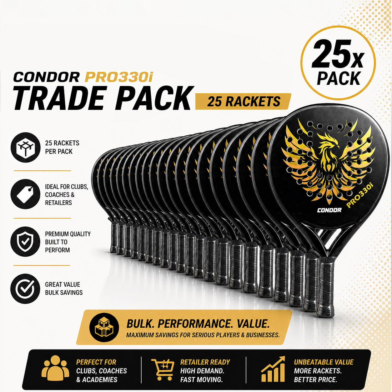 Pack of 25 Black & Gold Condor Padel Racquet PRO 330i Rackets