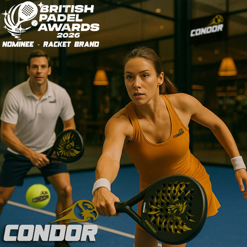 Condor PRO330i Black Padel Racket showcased in action during training with players at British Padel Awards 2026.