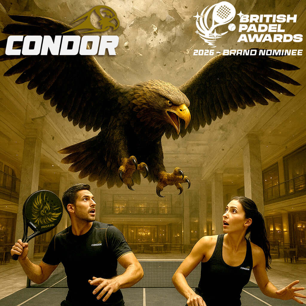 Condor PRO330i Black Padel Racket showcased with players in action during British Padel Awards 2026.