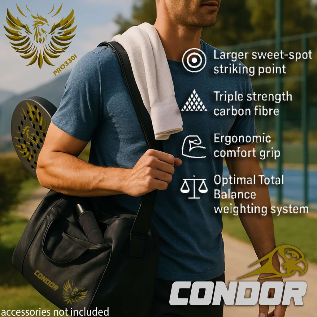Condor PRO330i Black Padel Racket features ergonomic grip and larger sweet spot for optimal performance.