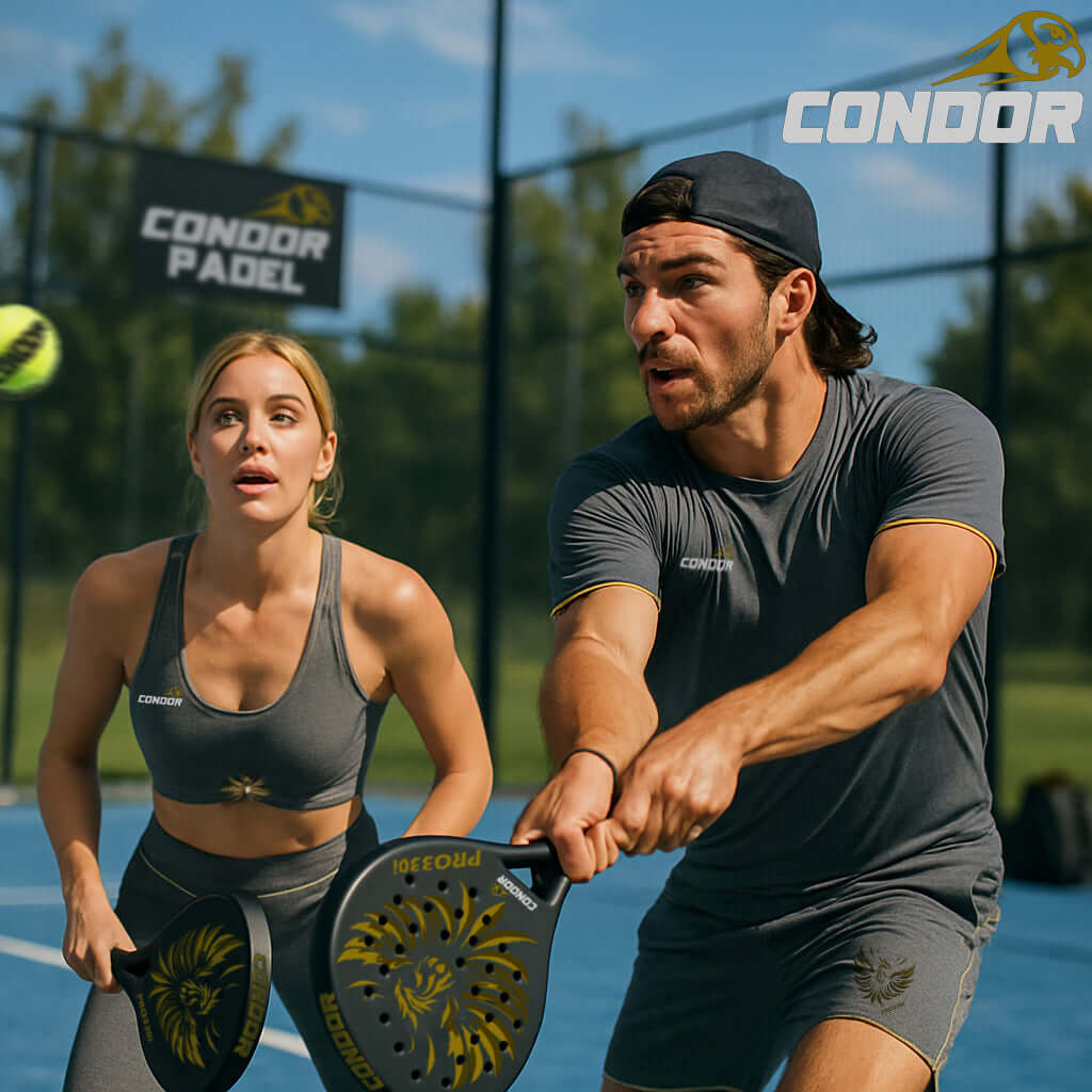Couple playing padel with Condor PRO330i Black Padel Racket, showcasing dynamic action and athletic attire.