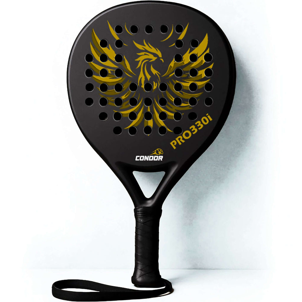 Condor PRO330i Black Padel Racket with gold design for enhanced control and precision in paddle tennis.