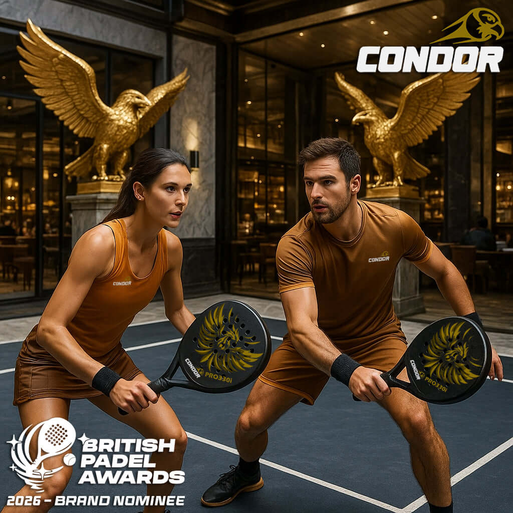 Two players competing with Condor PRO330i Black Padel Racket in upscale indoor venue.