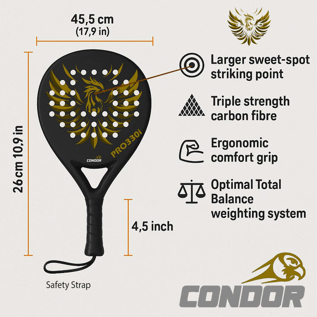 Condor PRO330i Black Padel Racket specifications including sweet spot, carbon fiber, grip details and balance system.