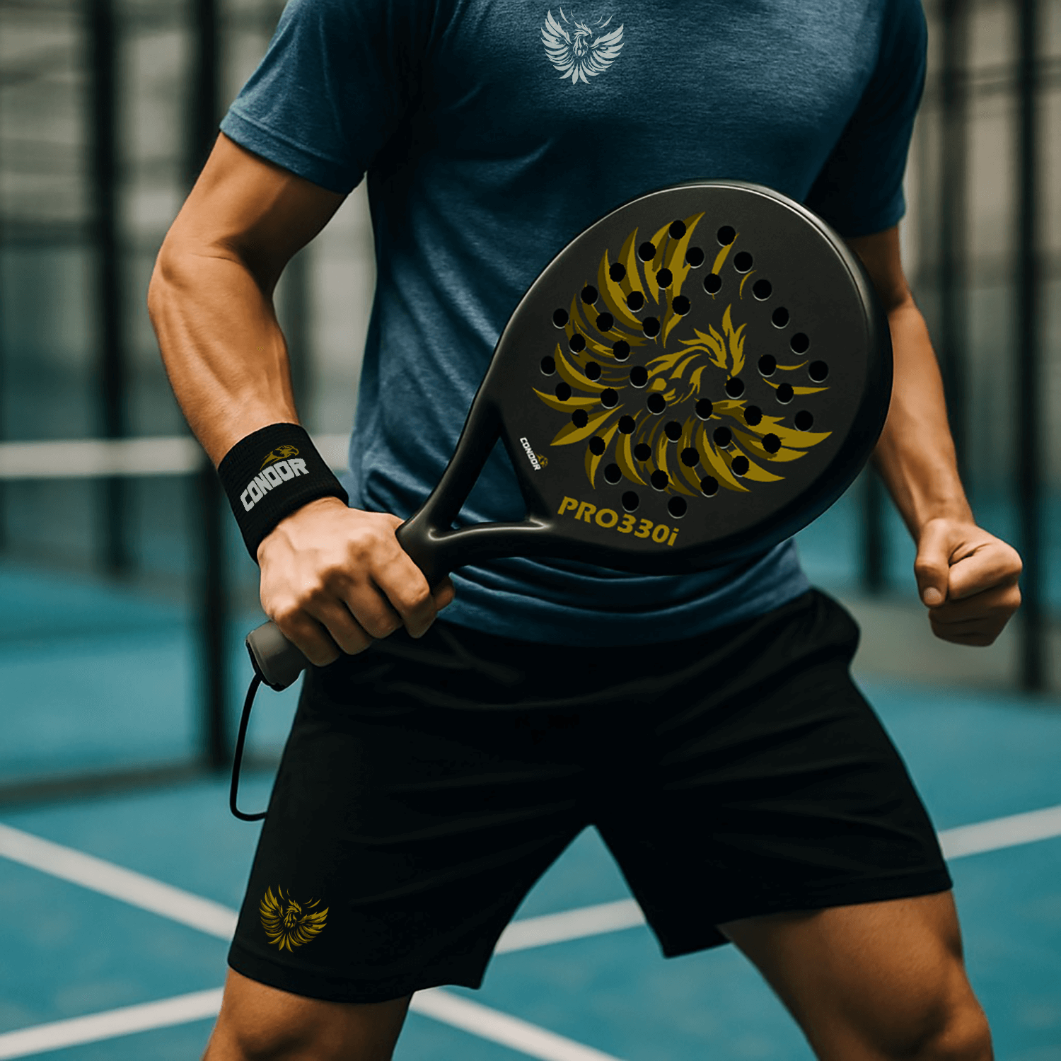 Player holding Condor PRO330i Black Padel Racket, showcasing its design and grip in action.